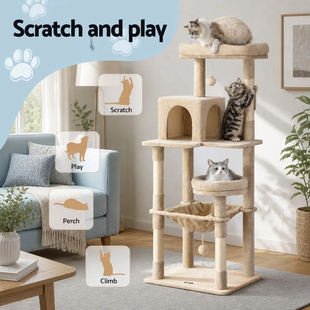 Cat Tree Scratching Post 143cm Multi-Level Beige Plush Velvet