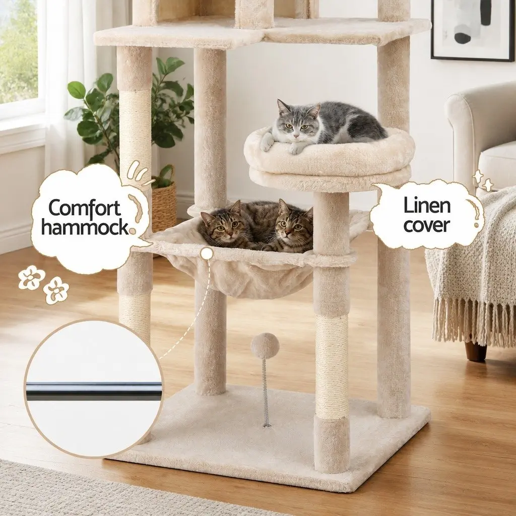 Cat Tree Scratching Post 143cm Multi-Level Beige Plush Velvet