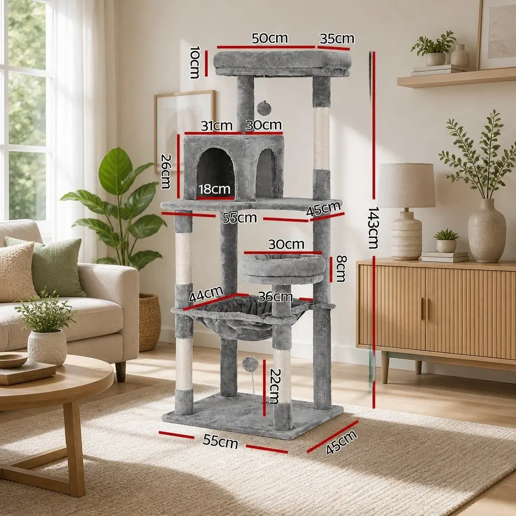 Cat Tree Wooden 143cm Multi-Level Grey