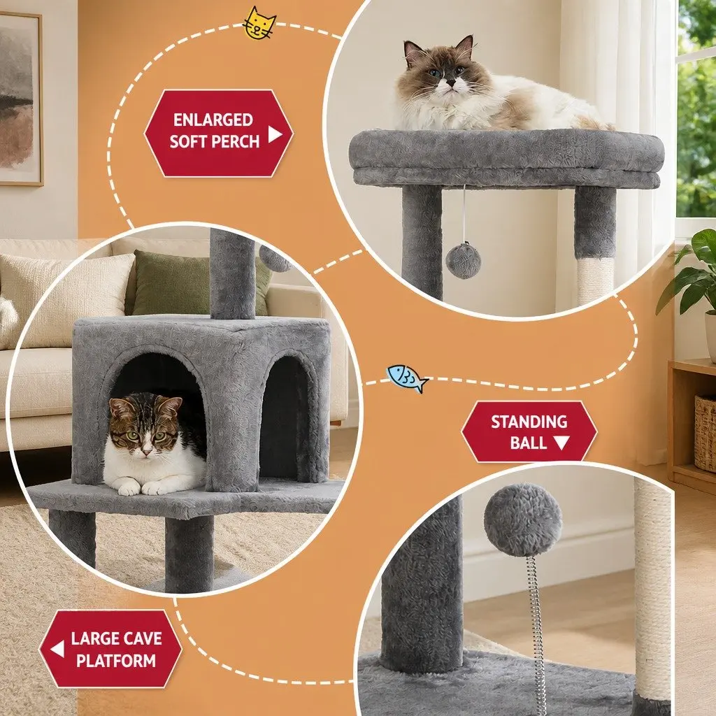 Cat Tree Wooden 143cm Multi-Level Grey