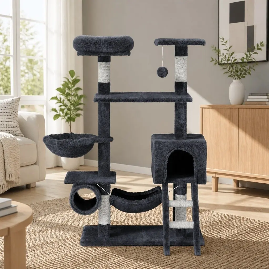 Cat Tree Tower Particleboard Plush Velvet 144cm Grey Multi-Level