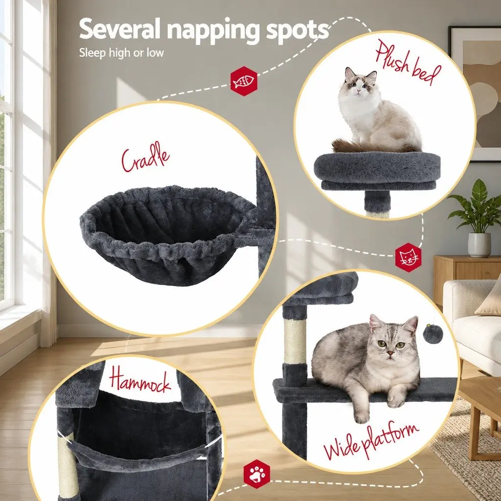 Cat Tree Tower Particleboard Plush Velvet 144cm Grey Multi-Level
