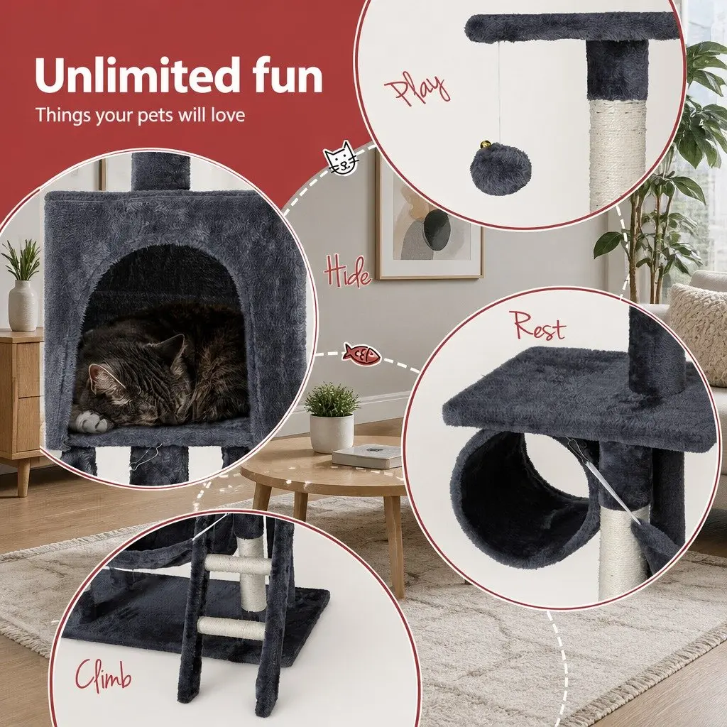 Cat Tree Tower Particleboard Plush Velvet 144cm Grey Multi-Level