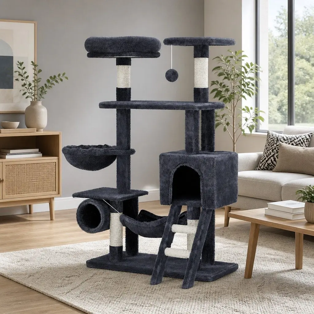 Cat Tree Tower Particleboard Plush Velvet 144cm Grey Multi-Level