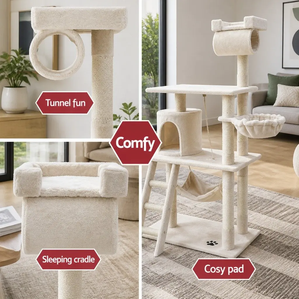 Cat Tree 141cm with Plush Bed and Sisal Posts