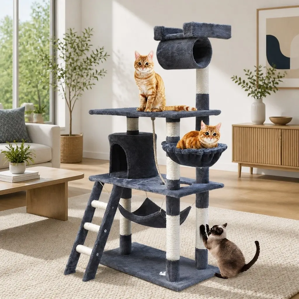 Cat Tree Tower 141cm Plush Cover Grey