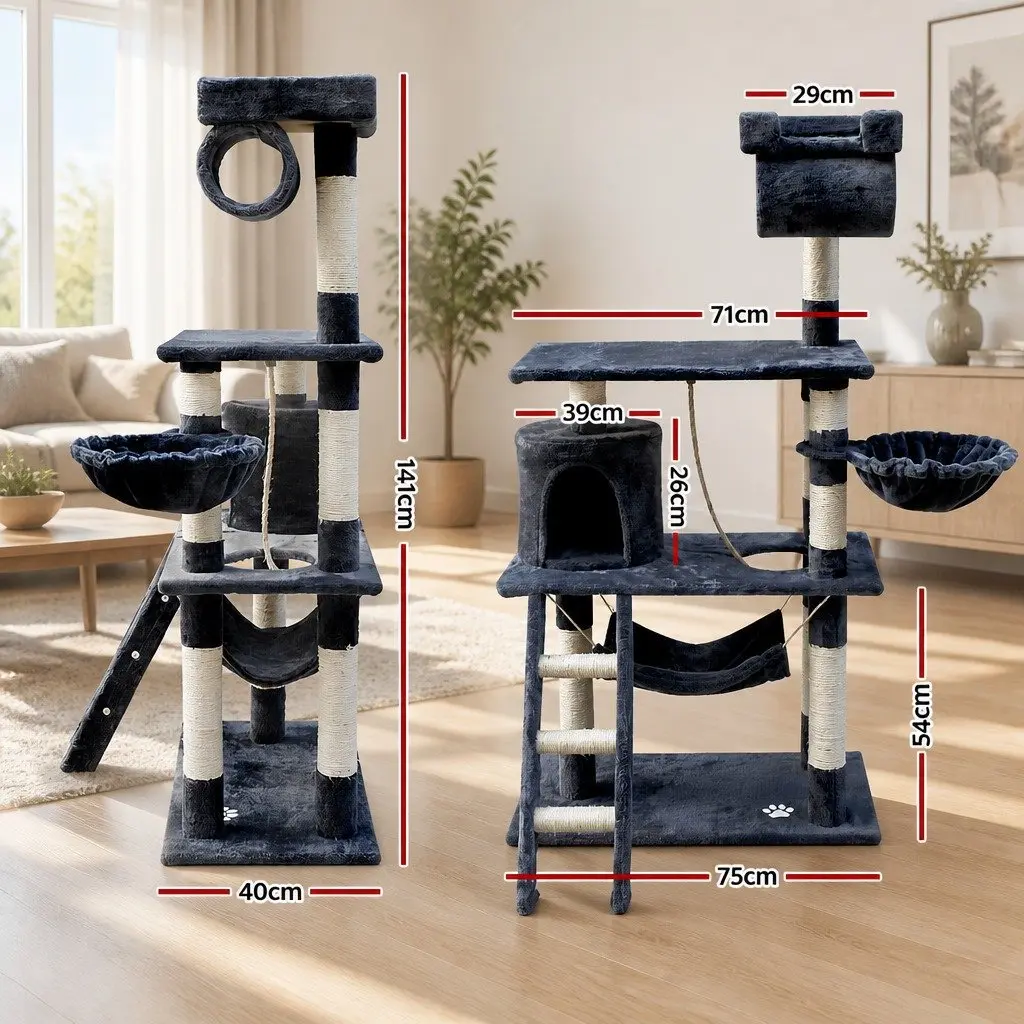 Cat Tree Tower 141cm Plush Cover Grey