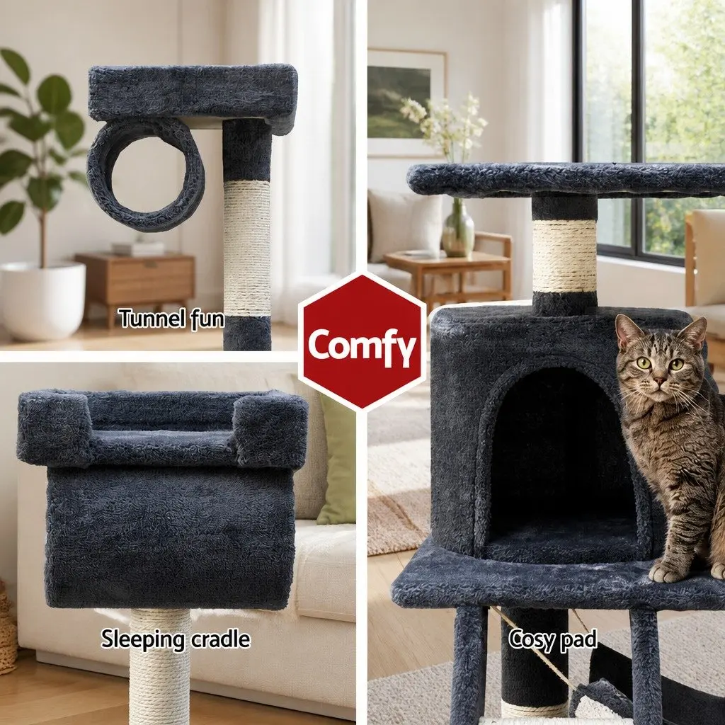 Cat Tree Tower 141cm Plush Cover Grey