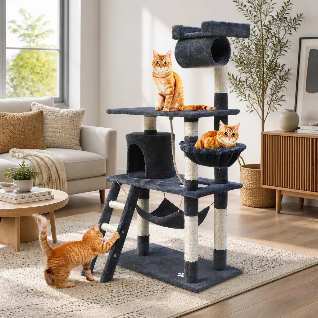 Cat Tree Tower 141cm Plush Cover Grey