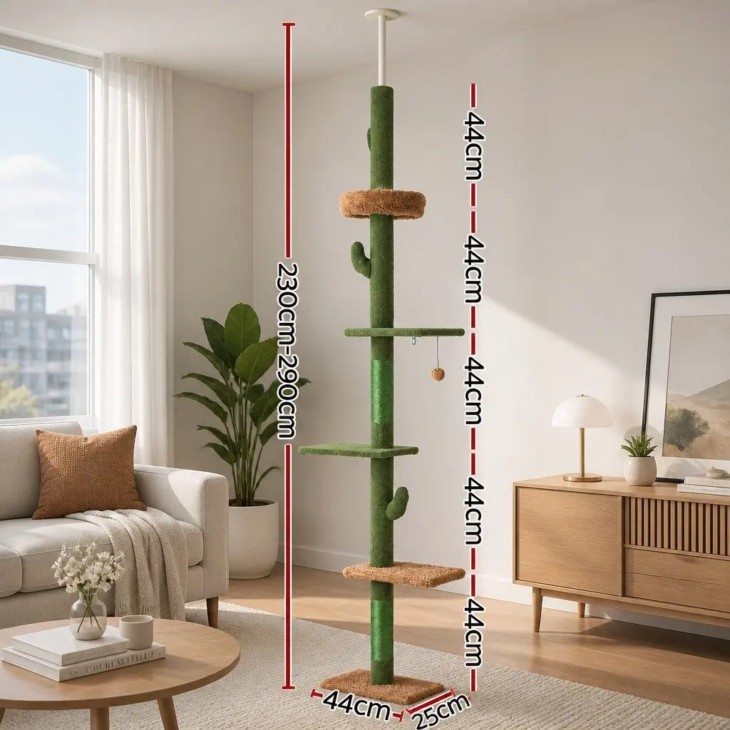 Cat Tree 290cm Adjustable Green Beige Floor to Ceiling Multi Level Scratching Post Bed