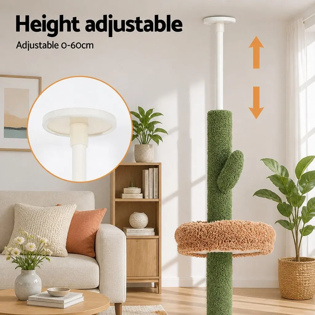 Cat Tree 290cm Adjustable Green Beige Floor to Ceiling Multi Level Scratching Post Bed