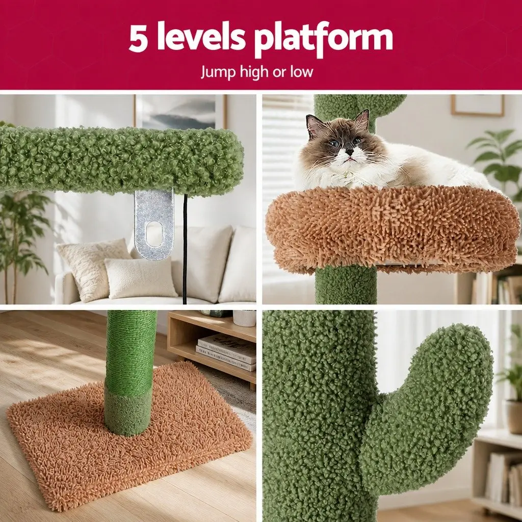 Cat Tree 290cm Adjustable Green Beige Floor to Ceiling Multi Level Scratching Post Bed