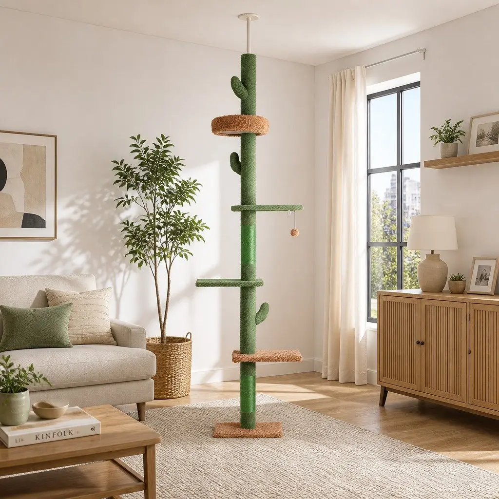 Cat Tree 290cm Adjustable Green Beige Floor to Ceiling Multi Level Scratching Post Bed