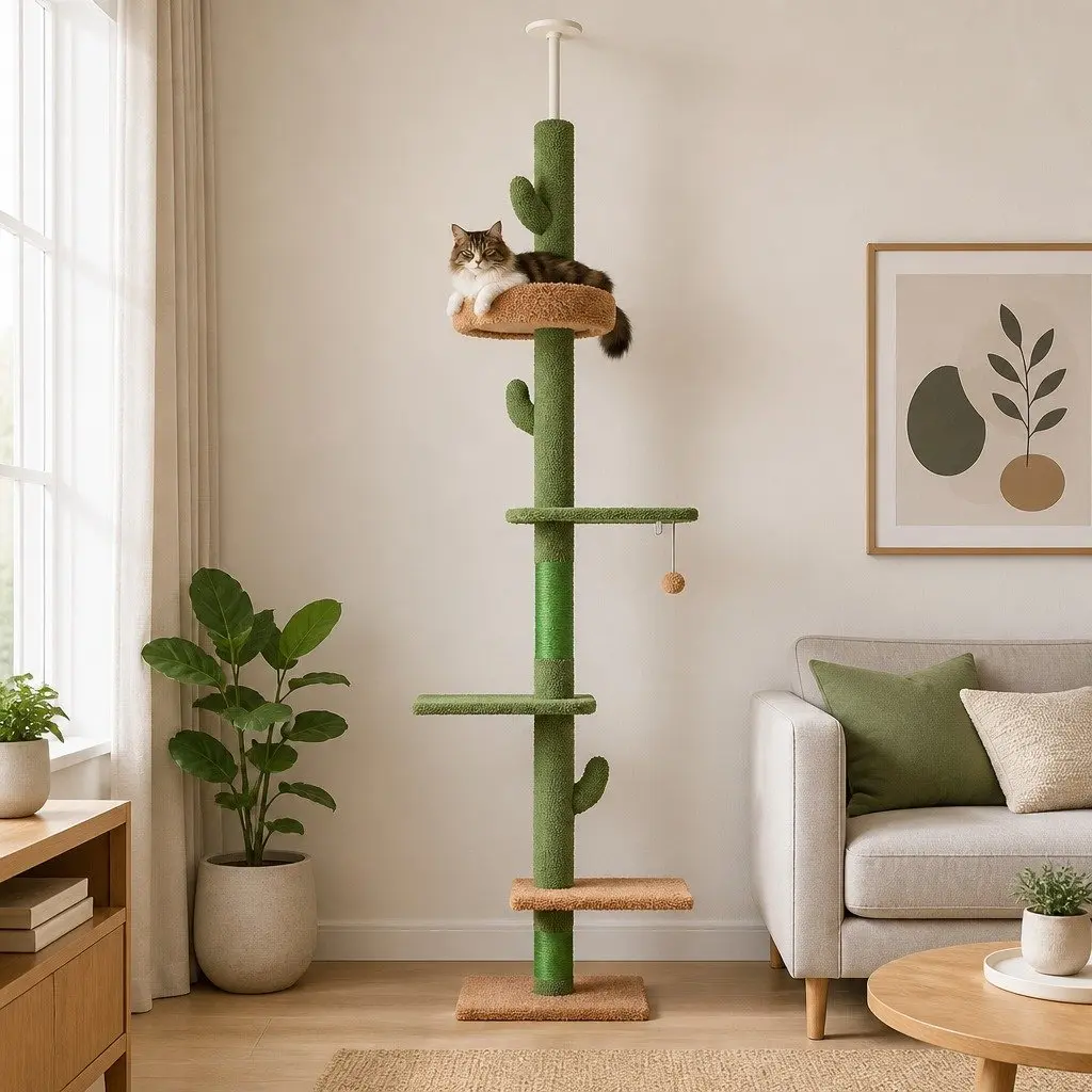 Cat Tree 290cm Adjustable Green Beige Floor to Ceiling Multi Level Scratching Post Bed