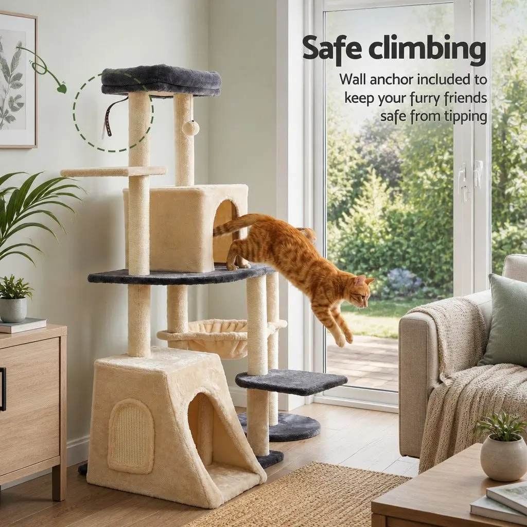 Cat Tree Tower Natural Sisal 133cm Grey Beige