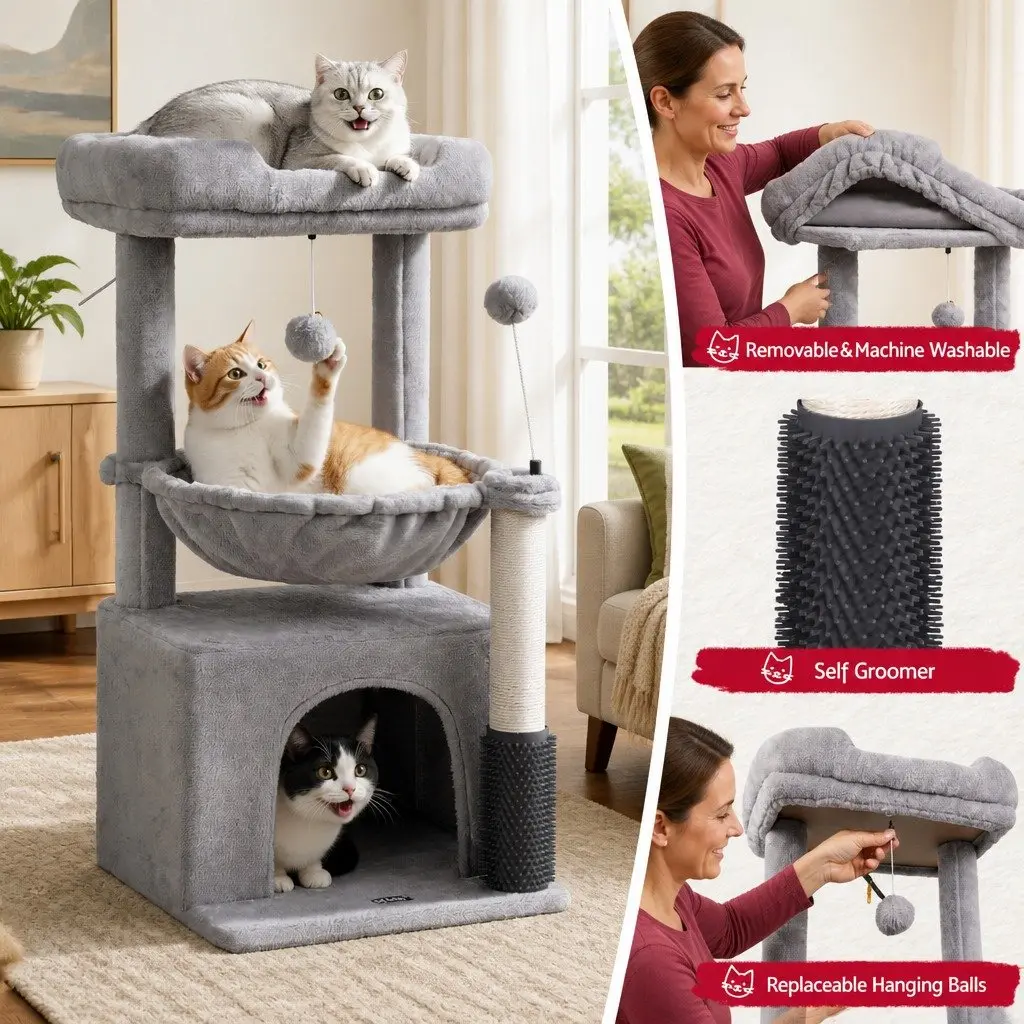Cat Tree Tower Natural Sisal 82cm Light Grey Multi-Level Scratching Post with Plush Platforms and Hideouts