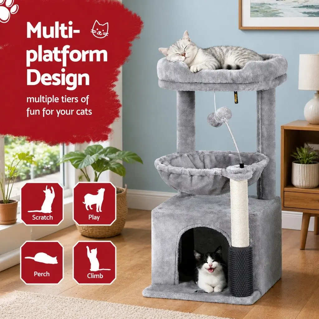 Cat Tree Tower Natural Sisal 82cm Light Grey Multi-Level Scratching Post with Plush Platforms and Hideouts