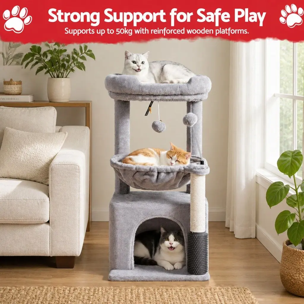 Cat Tree Tower Natural Sisal 82cm Light Grey Multi-Level Scratching Post with Plush Platforms and Hideouts
