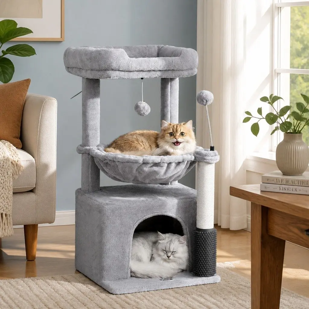 Cat Tree Tower Natural Sisal 82cm Light Grey Multi-Level Scratching Post with Plush Platforms and Hideouts