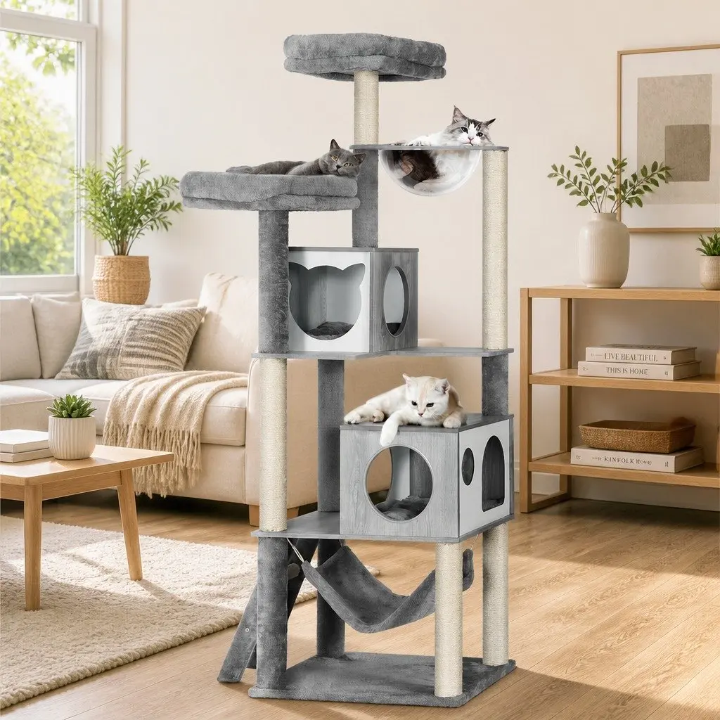 Cat Tree Wooden 178cm Grey Multi-Level Scratching Post Condo House with Hammock and Bubble Dome
