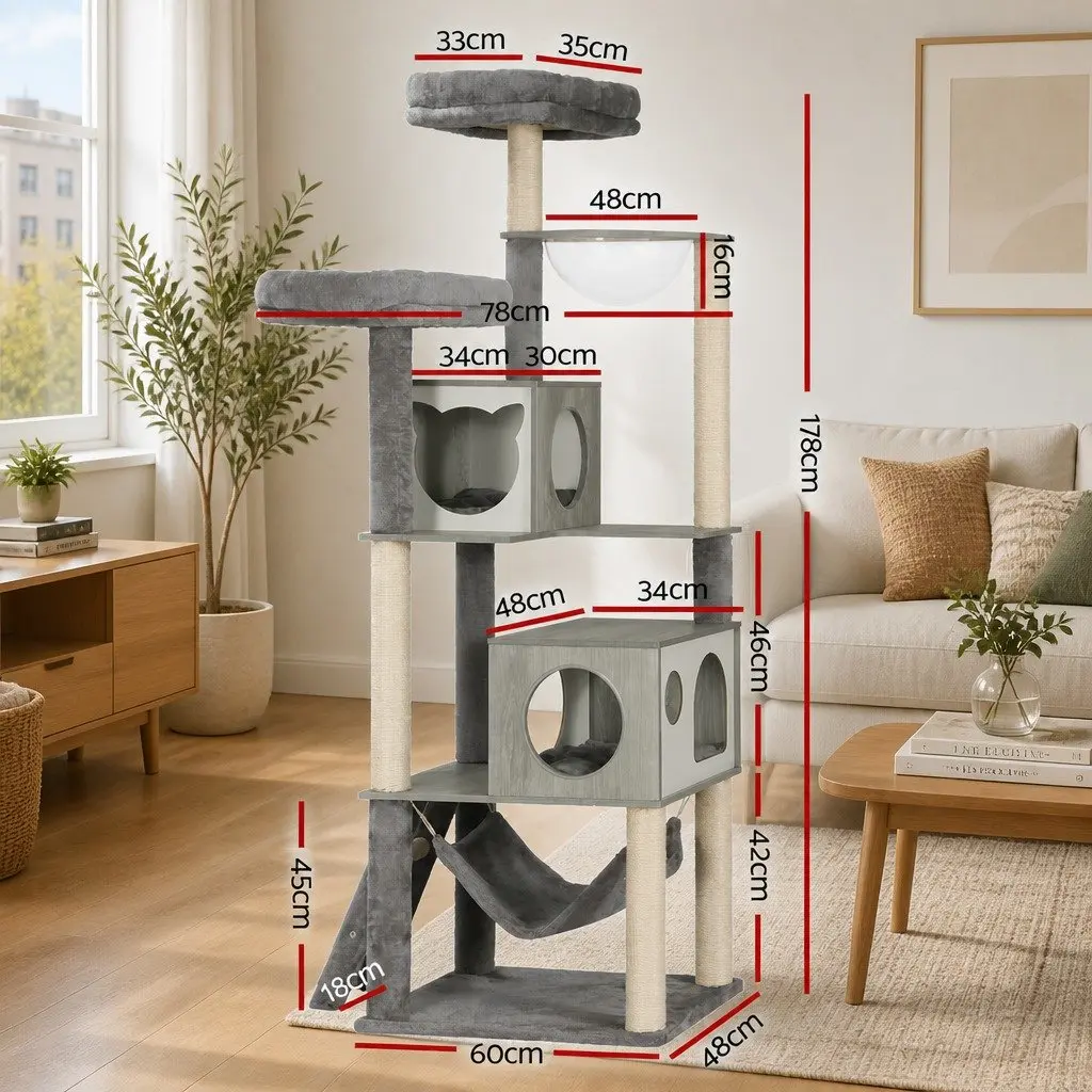 Cat Tree Wooden 178cm Grey Multi-Level Scratching Post Condo House with Hammock and Bubble Dome