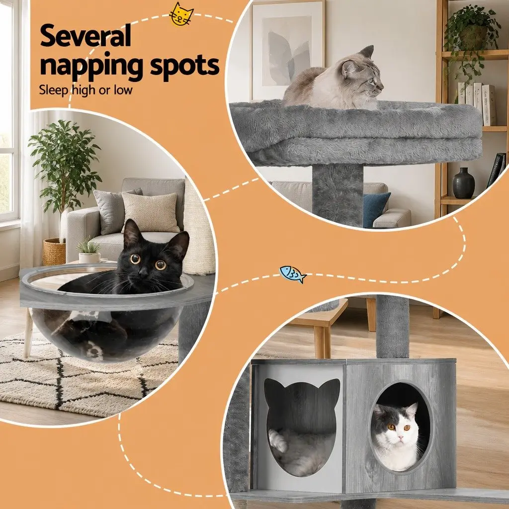 Cat Tree Wooden 178cm Grey Multi-Level Scratching Post Condo House with Hammock and Bubble Dome