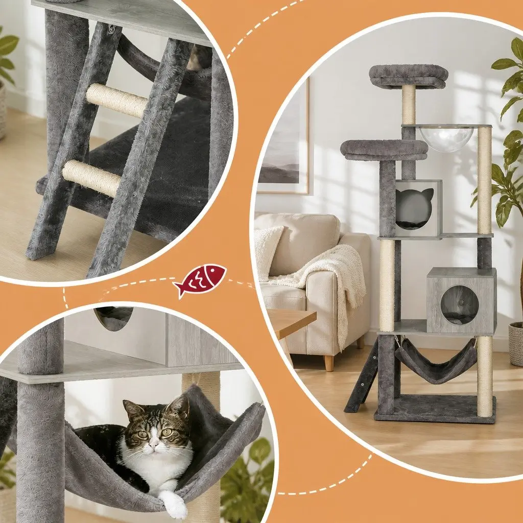Cat Tree Wooden 178cm Grey Multi-Level Scratching Post Condo House with Hammock and Bubble Dome