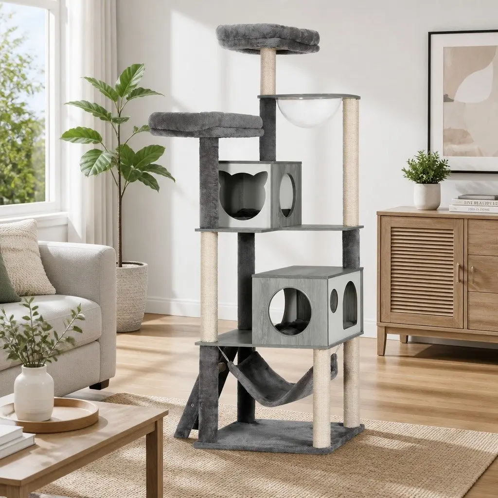 Cat Tree Wooden 178cm Grey Multi-Level Scratching Post Condo House with Hammock and Bubble Dome