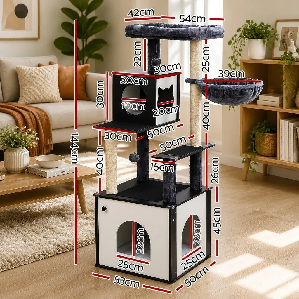 Cat Tree Tower Wooden 144cm Black White Scratching Post Condo House Bed Furniture