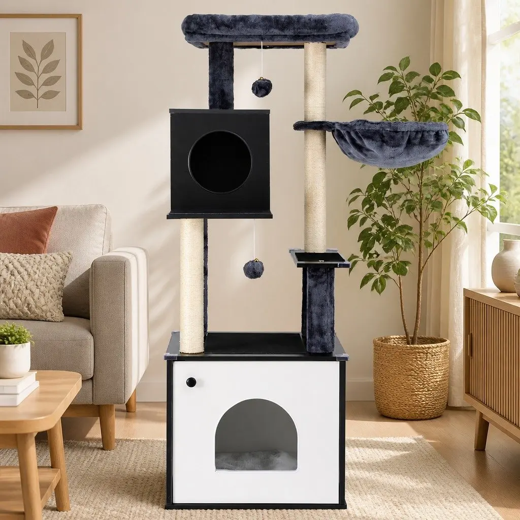 Cat Tree Tower Wooden 144cm Black White Scratching Post Condo House Bed Furniture
