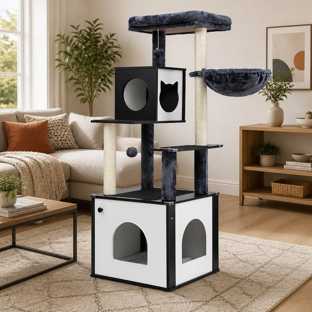 Cat Tree Tower Wooden 144cm Black White Scratching Post Condo House Bed Furniture