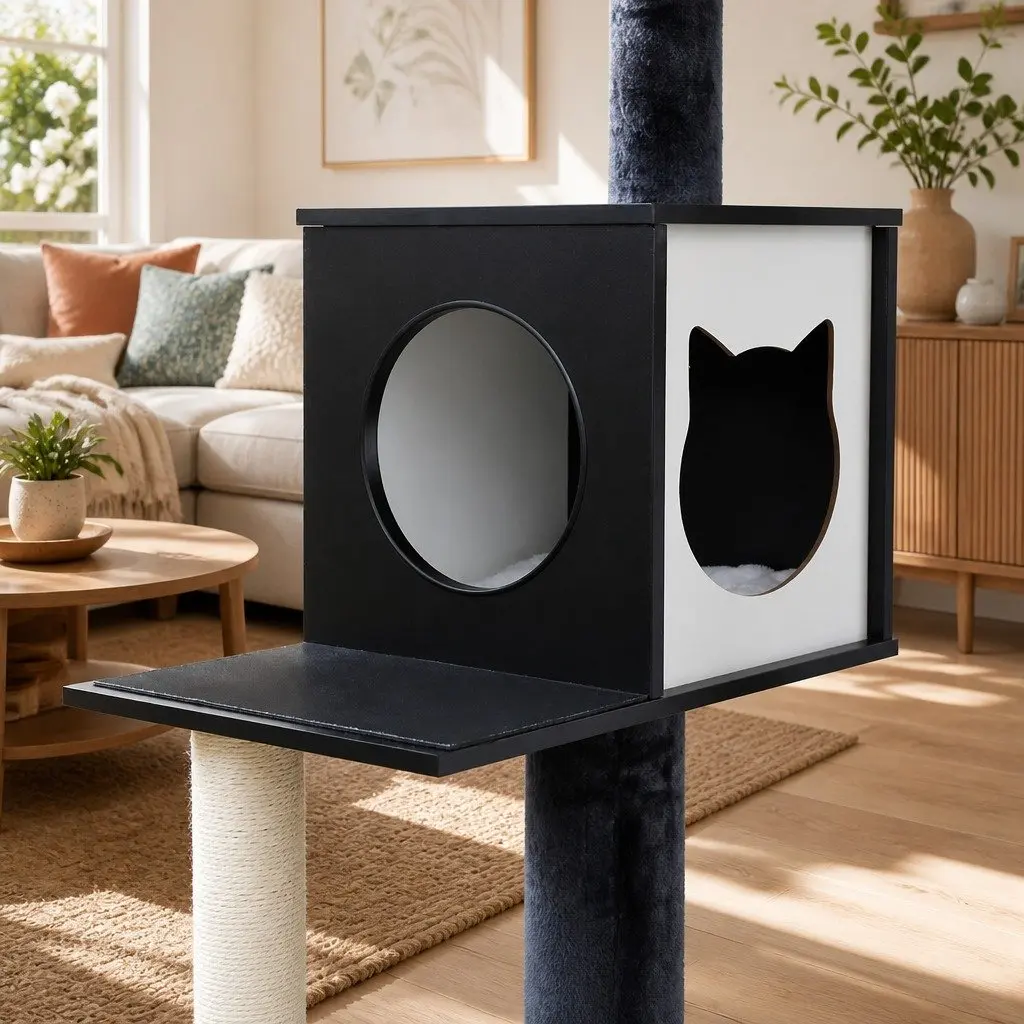 Cat Tree Tower Wooden 144cm Black White Scratching Post Condo House Bed Furniture
