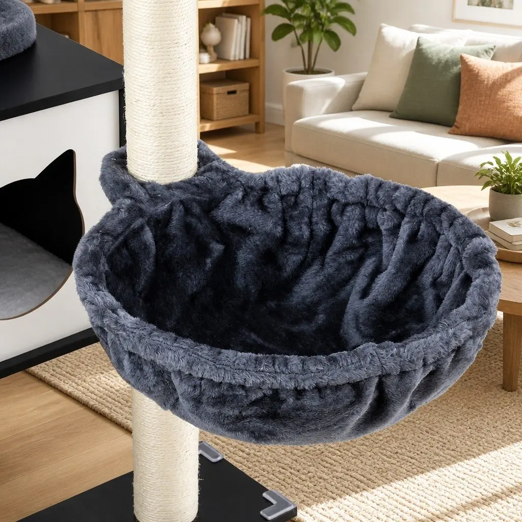 Cat Tree Tower Wooden 144cm Black White Scratching Post Condo House Bed Furniture
