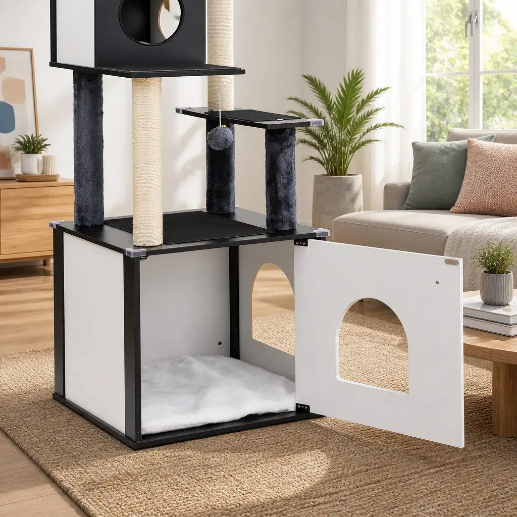Cat Tree Tower Wooden 144cm Black White Scratching Post Condo House Bed Furniture