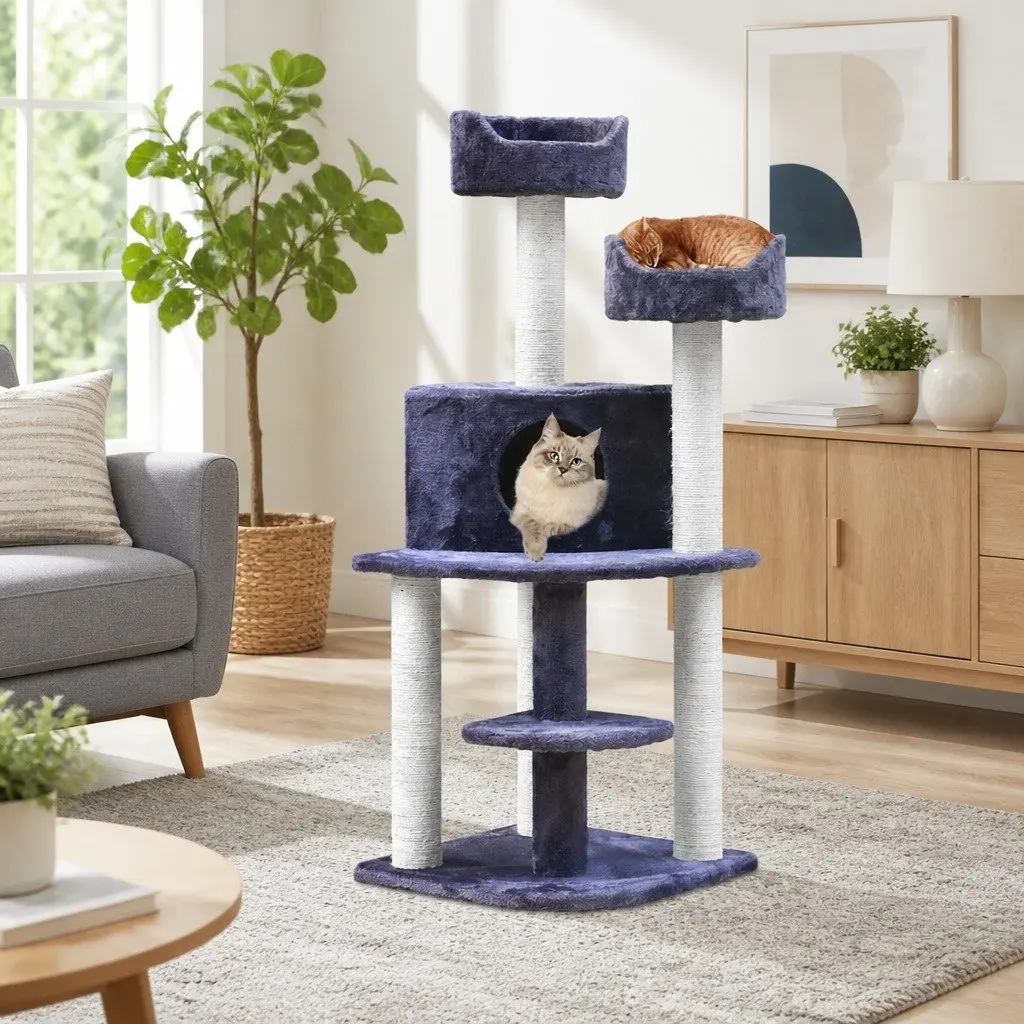Cat Tree 126cm Tower with Plush Velvet Grey