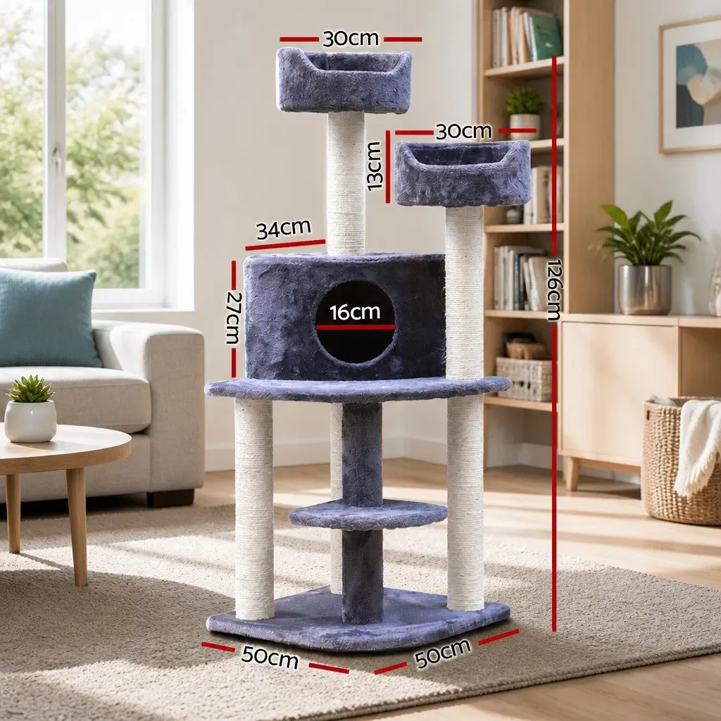 Cat Tree 126cm Tower with Plush Velvet Grey