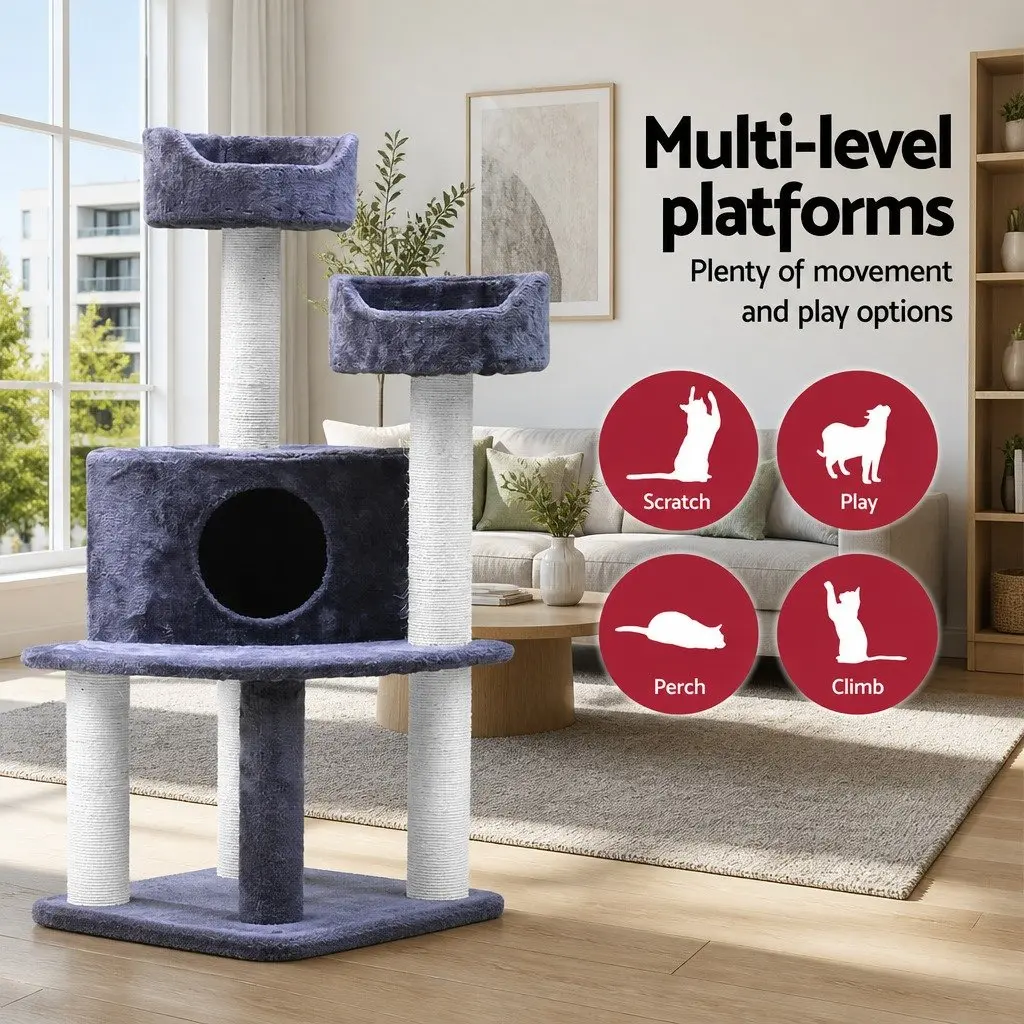Cat Tree 126cm Tower with Plush Velvet Grey