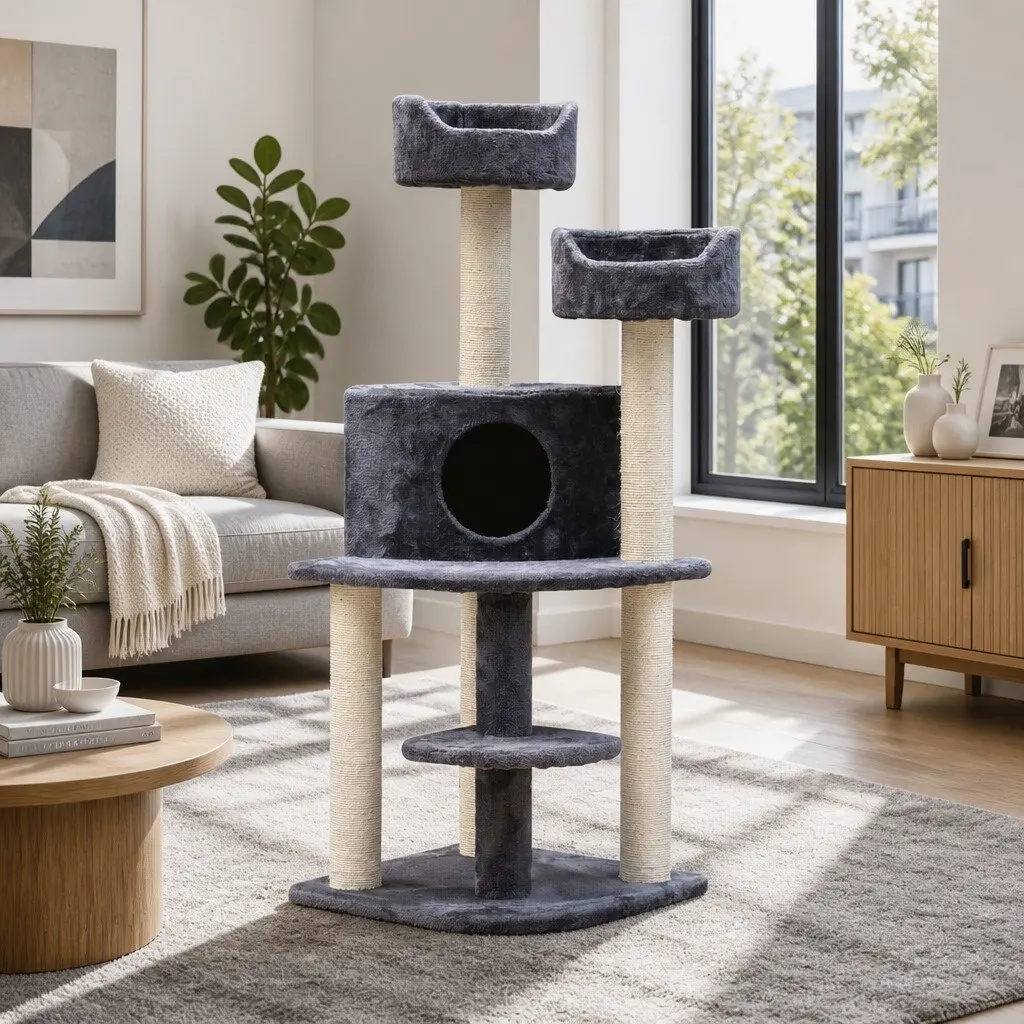 Cat Tree 126cm Tower with Plush Velvet Grey