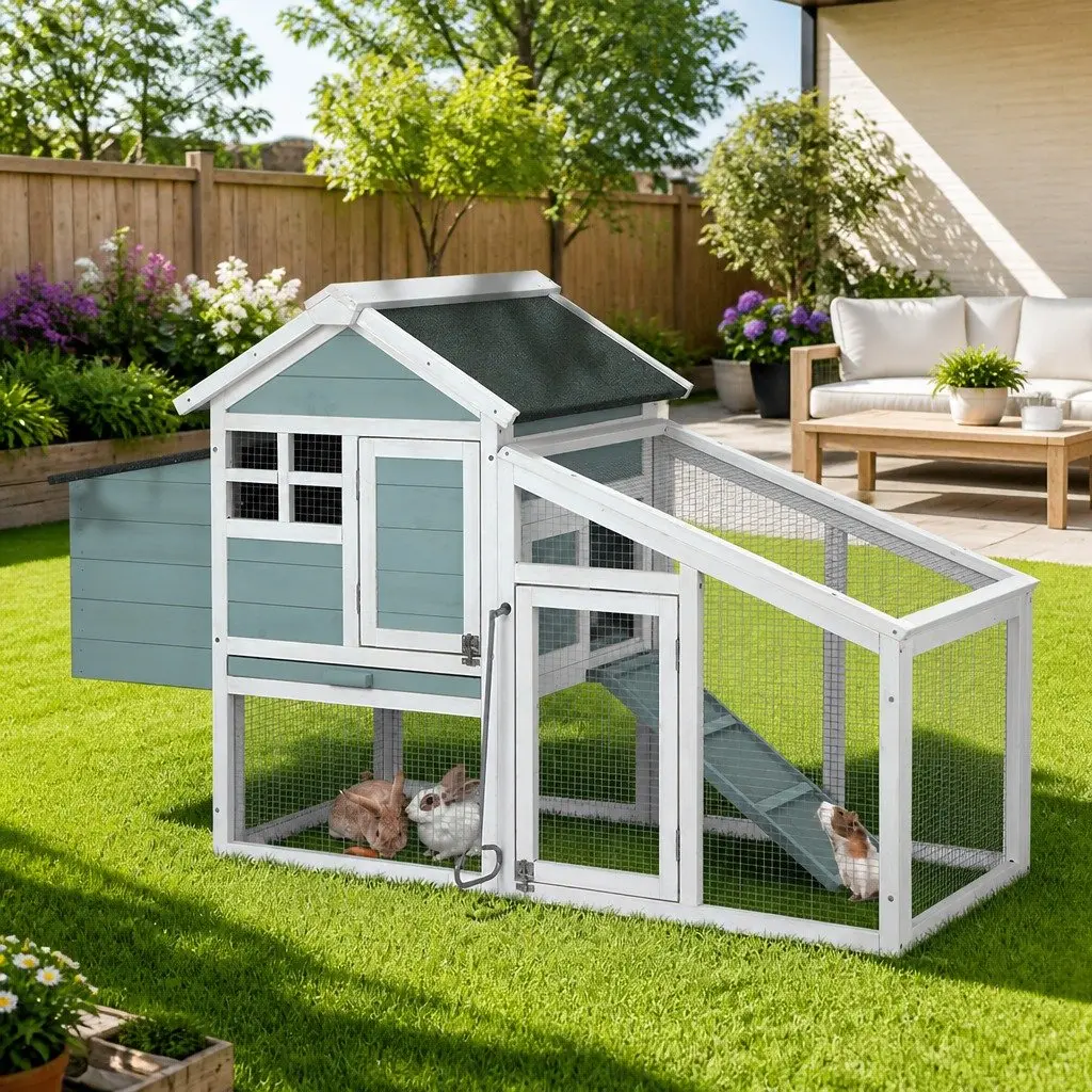 Wooden Pet Hutch 150cm Fir Wood Green and White Galvanised Mesh Small Animal Habitat