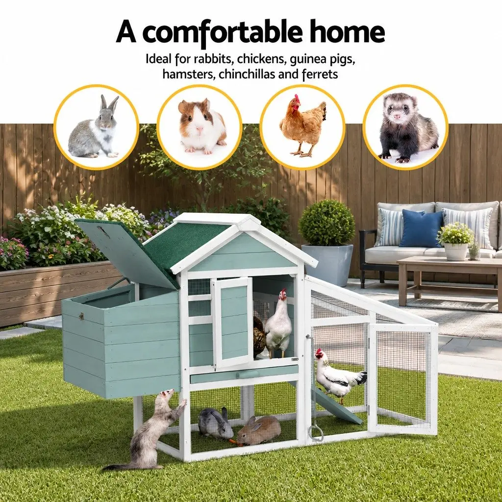 Wooden Pet Hutch 150cm Fir Wood Green and White Galvanised Mesh Small Animal Habitat