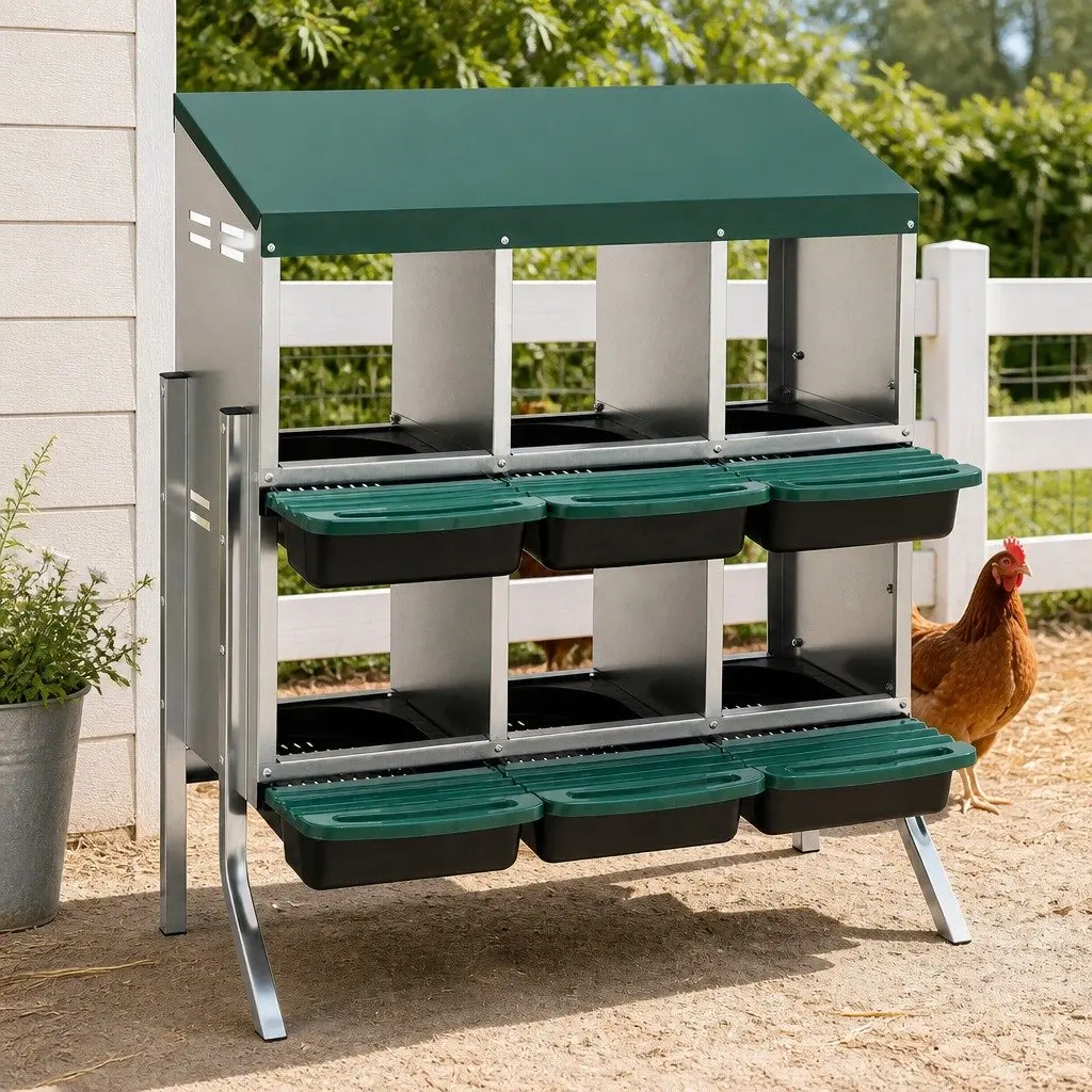 Chicken Nesting Box 6 Holes Roll Away Metal Wall Mounted Green Automatic Egg