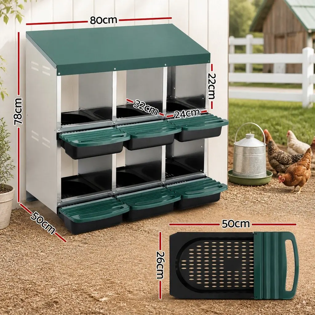 Chicken Nesting Box Galvanized Sheet Metal 80cm x 50cm x 78cm Green 6 Holes Roll Away Automatic Egg Collection Wall Mounted