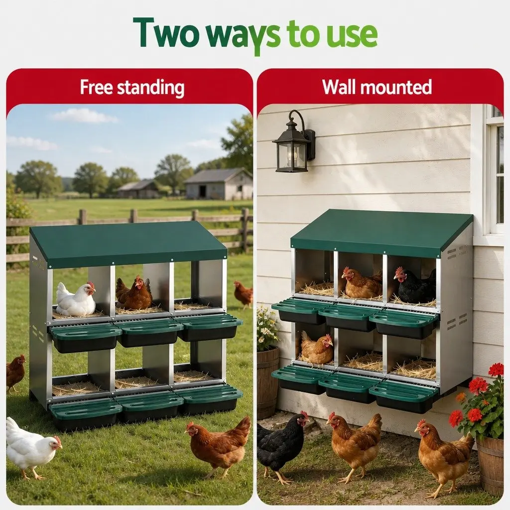 Chicken Nesting Box Galvanized Sheet Metal 80cm x 50cm x 78cm Green 6 Holes Roll Away Automatic Egg Collection Wall Mounted