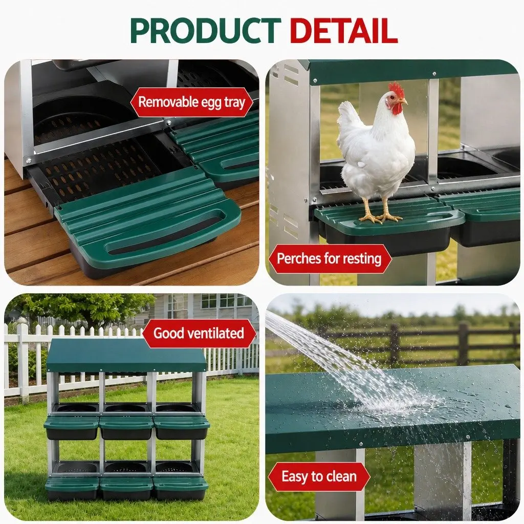 Chicken Nesting Box Galvanized Sheet Metal 80cm x 50cm x 78cm Green 6 Holes Roll Away Automatic Egg Collection Wall Mounted