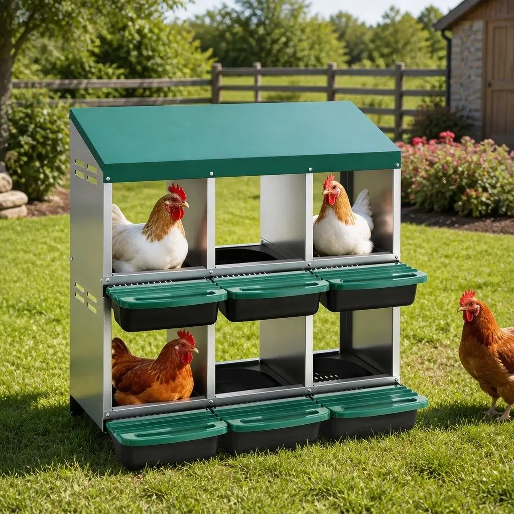 Chicken Nesting Box Galvanized Sheet Metal 80cm x 50cm x 78cm Green 6 Holes Roll Away Automatic Egg Collection Wall Mounted