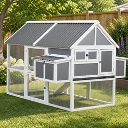 Large Grey and White Wooden Chicken Coop and Rabbit Hutch