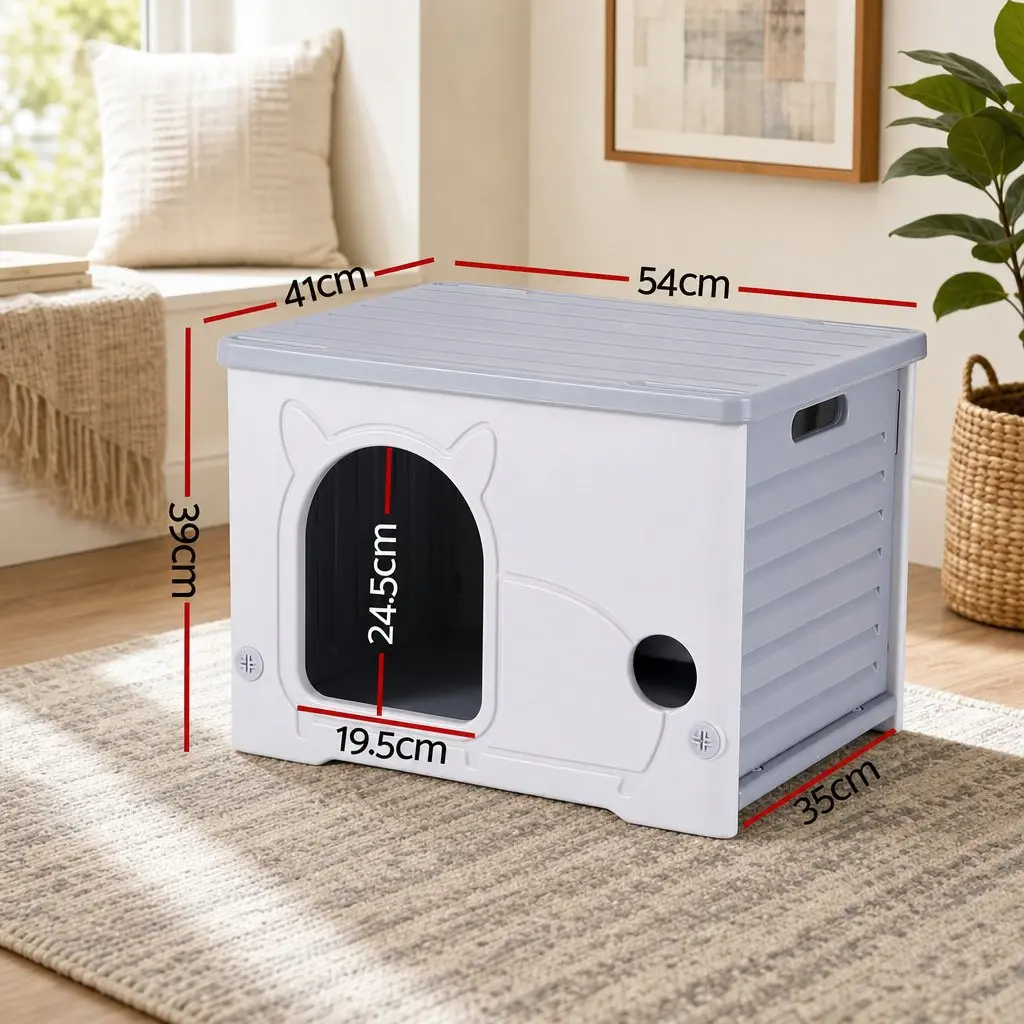 Cat House HDPE 54cm x 41cm x 39cm Grey Enclosed Shelter Stackable Bench Box Pet Carrier Indoor Outdoor