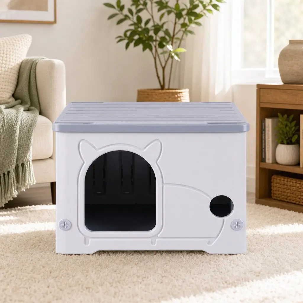 Cat House HDPE 54cm x 41cm x 39cm Grey Enclosed Shelter Stackable Bench Box Pet Carrier Indoor Outdoor