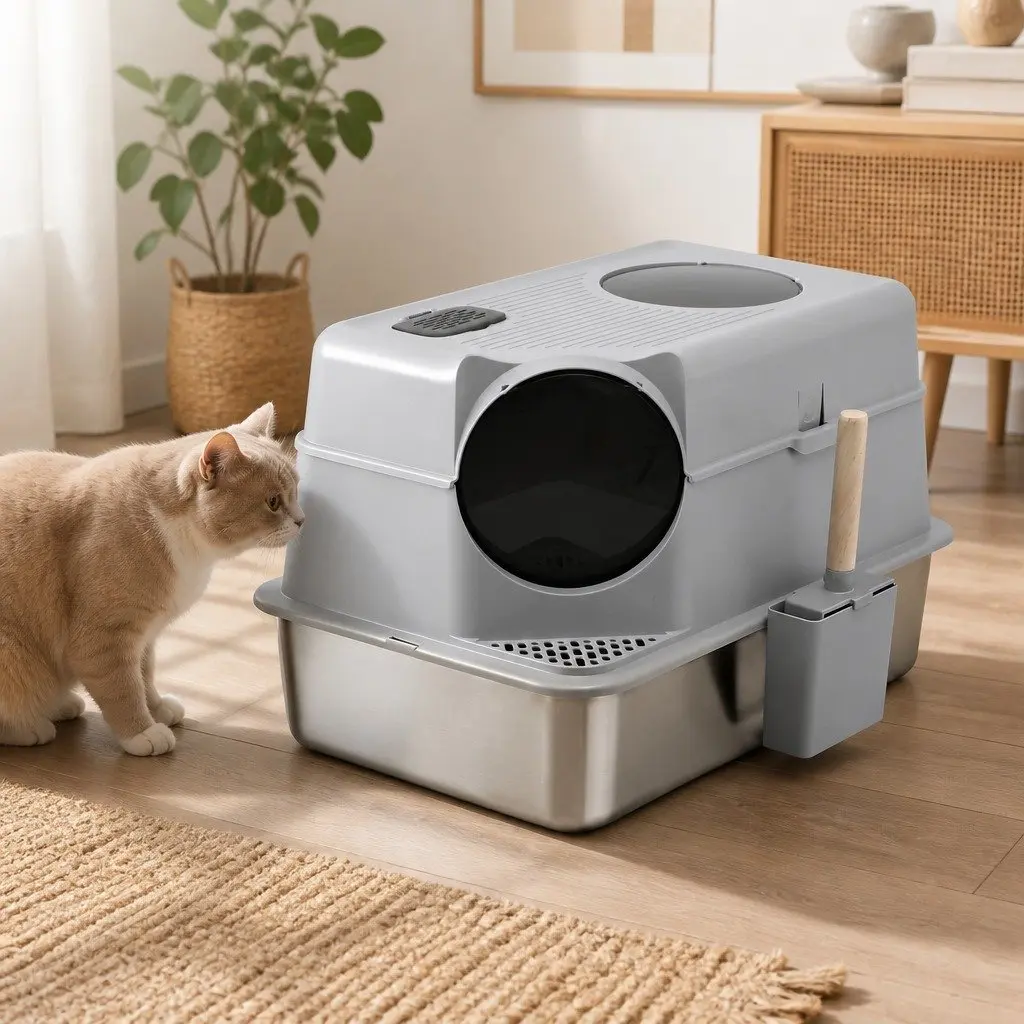 High-Sided Stainless Steel Cat Litter Box Set