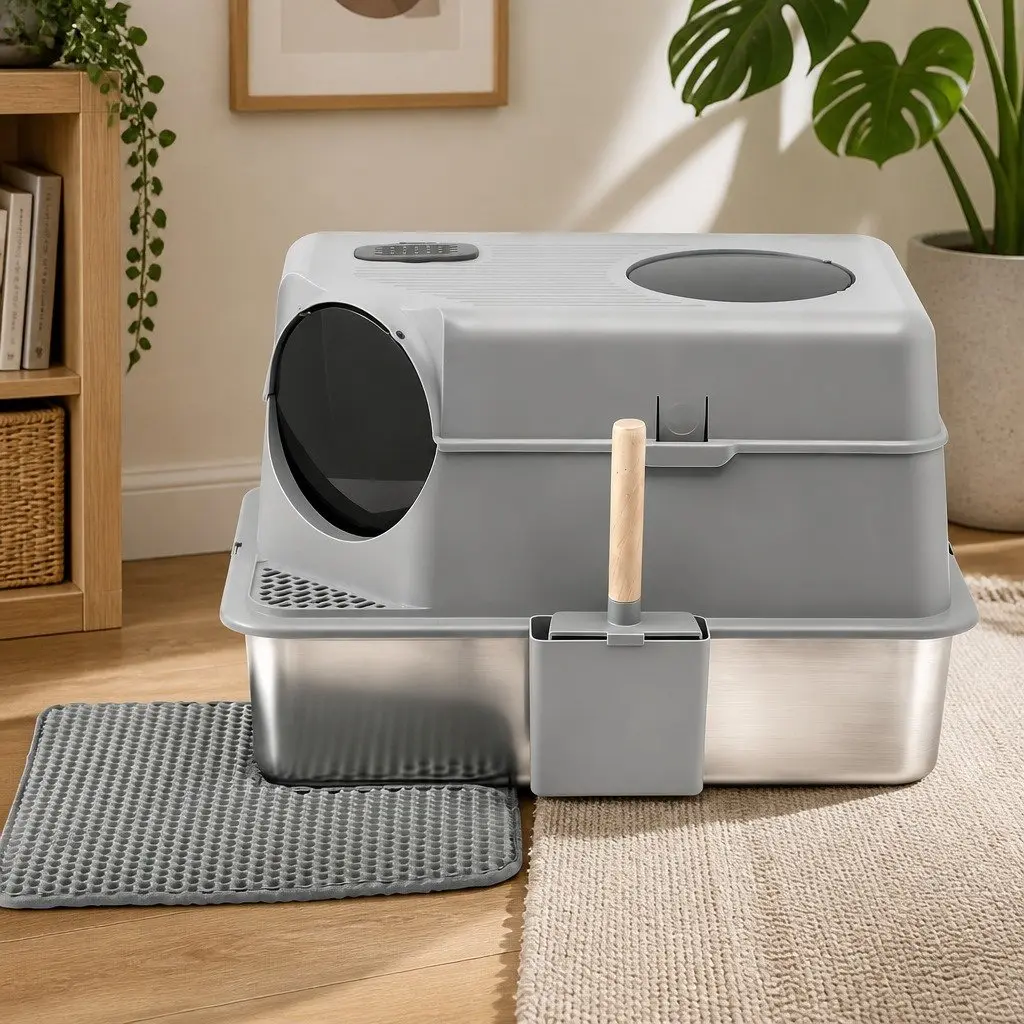 Cat Litter Box Stainless Steel Large High Sided Light Grey with Litter Mat and Scoop Kit